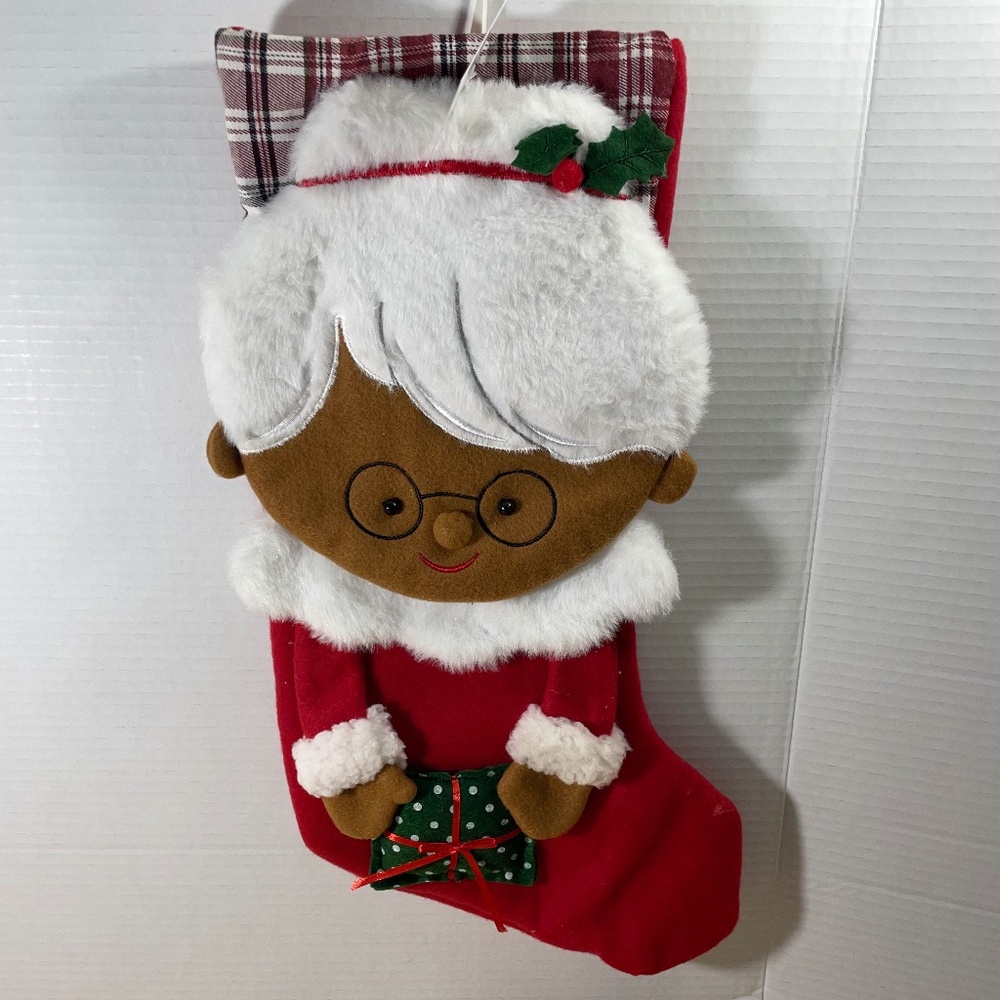 Rustic Christmas Stocking Mrs Santa Claus 3-D Country Plaid w Fur Hobby Lobby
